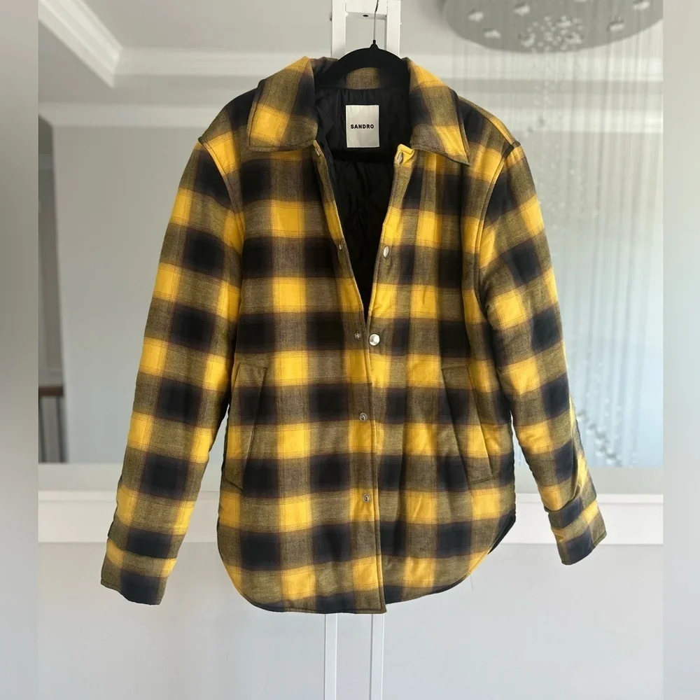 Sandro Yellow and Black Padded Shirt Jacket